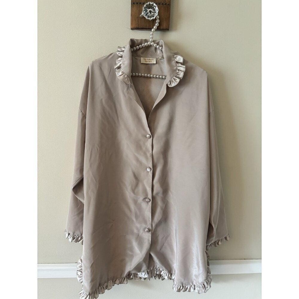 Vintage Victorias Secret Size M/L Champagne Sleep Shirt Long Sleeve Ruffles - Picture 1 of 5